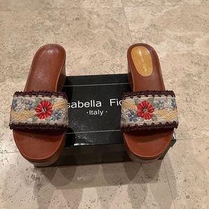 Isabelle Fiore Wooden Platform Heels with Beaded Floral Embroidery